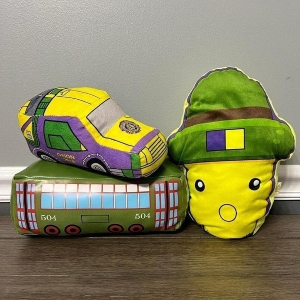 New Orleans Mardi Gras Plush Pillow Set Streetcar Taxi Beignet NOLA Souvenir Toy